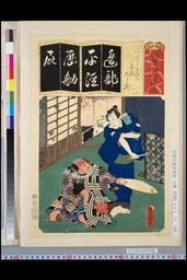 NDL-1311092安政03・06・豊国〈3〉「清書七以呂波」「辺部平経歴舳屁」「へいじすみか」「平治」「次郎蔵」平治〈2〉片岡　我童、次郎蔵〈4〉市川　小団次