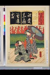 NDL-1311106安政０３・06・豊国〈3〉「清書七以呂波」「祖楚素蘇曽麁処」「そめもやう」「於染」「ひさ松」於染〈12〉市村　羽左衛門ヵ、ひさ松〈3〉市川　市蔵ヵ