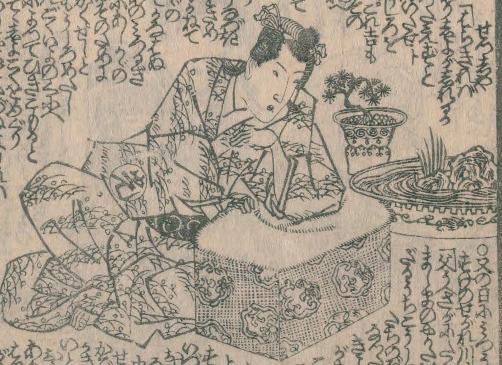 江戸時代後期～明治時代 金蒔絵色絵 山水に舟図 花唐草文様 四方盆 漆